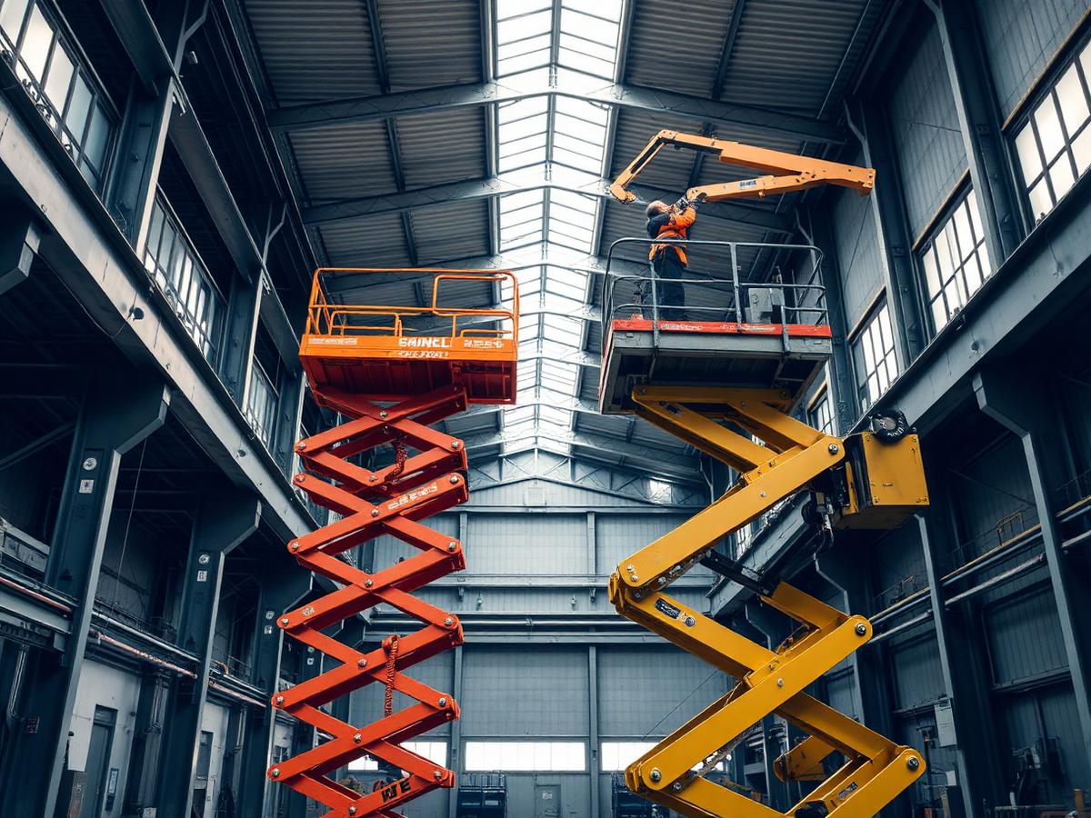 Scheren- und Gelenkteleskopbühne in einer Industriehalle